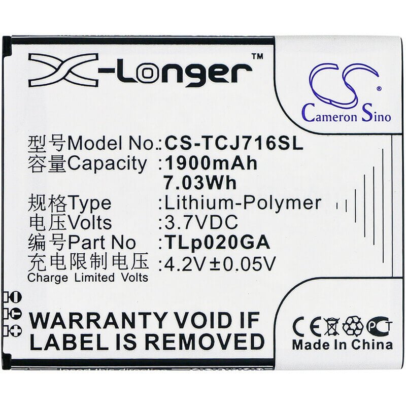 3.7V, Li-Polymère, 1900mAh, batterie de smartphone compatible avec Tcl, Tlp020ga, J716d, 7.03Wh Mobile, Smartphone Cameron Sino Technology Limited (Smartphone)
