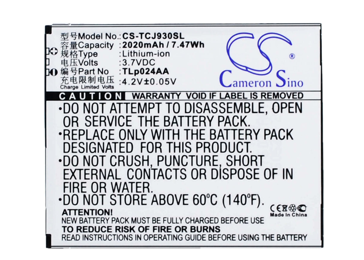 3,7V, Li-ion, 2020mAh, batterie de smartphone adaptée à Tcl, Tlp024aa, J930, J930t, 7,47Wh Mobile, SmartPhone Cameron Sino Technology Limited (Suspendu)