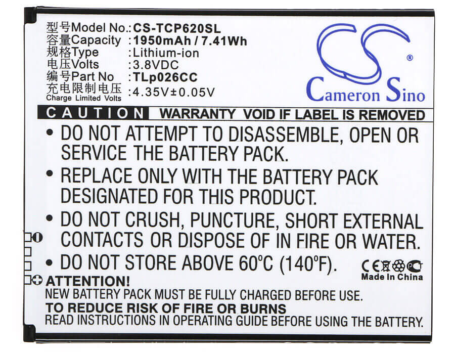 3.8V, Li-ion, 1950mAh, batterie de smartphone compatible avec Tcl, Tlp026cc, Ono, P620m, 7.41Wh Mobile, SmartPhone Cameron Sino Technology Limited (Suspendu)