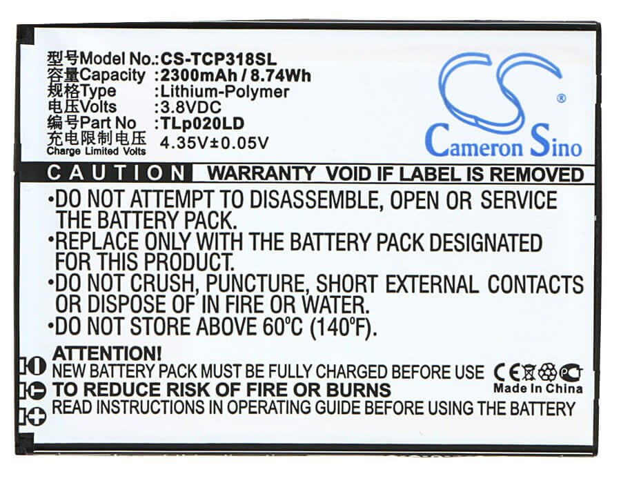 3.8V, Li-Polymer, 2300mAh, batterie pour smartphone convient à Tcl, Tlp020ld, P307l, P308l, 8.74Wh Mobile, Smartphone Cameron Sino Technology Limited (Smartphone)