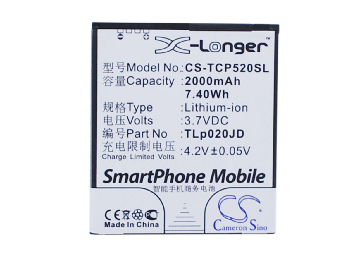 3,7V, Li-ion, 2000mAh, Batterie de smartphone compatible avec Tcl, Tlp020jd, P5181, P518l, 7,4Wh Mobile, Smartphone Cameron Sino Technology Limited (Smartphone)
