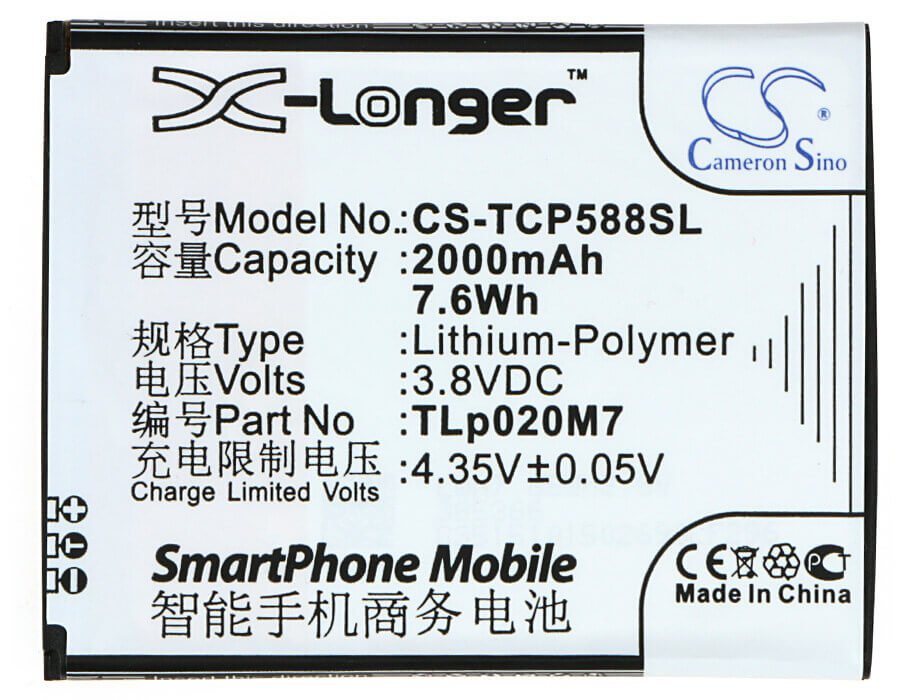 3,8V, Li-Polymer, 2000mAh, batterie de smartphone compatible avec Tcl, Tlp020m7, P588l, Tcl P588, 7,6Wh Mobile, Smartphone Cameron Sino Technology Limited (Smartphone)