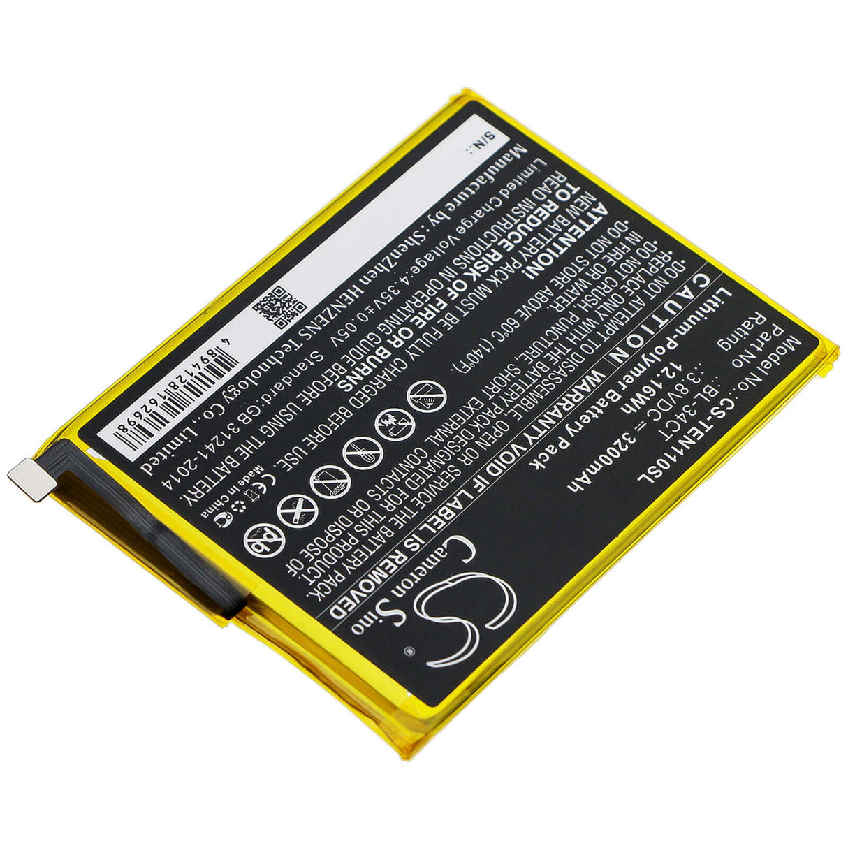 3.8V, Li-Polymer, 3200mAh, SmartPhone battery fits Tecno, Bl-34ct, Camon 11s, Camon I4, 12.16Wh Mobile, SmartPhone Cameron Sino Technology Limited (Smartphone)