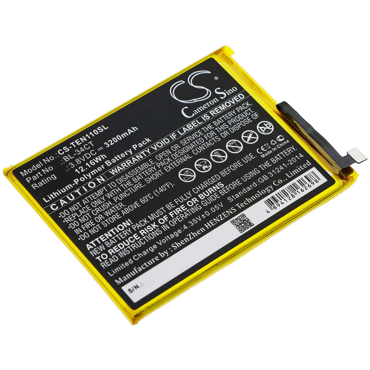 3.8V, Li-Polymer, 3200mAh, SmartPhone battery fits Tecno, Bl-34ct, Camon 11s, Camon I4, 12.16Wh Mobile, SmartPhone Cameron Sino Technology Limited (Smartphone)