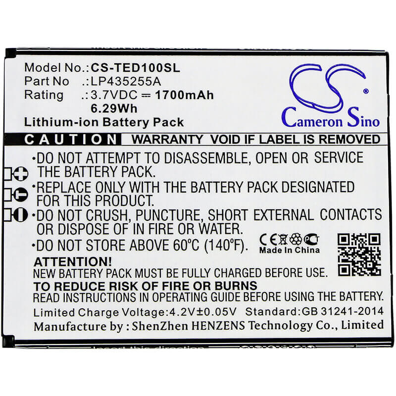 3,7V, Li-ion, 1700mAh, batterie de smartphone compatible avec Telefunken, Lp435255a, Selfie Ts1, 6,29Wh Mobile, Smartphone Cameron Sino Technology Limited (Smartphone)