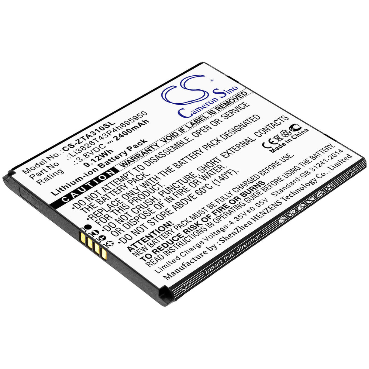 3.8V, Li-ion, 2400mAh, SmartPhone battery fits Telstra, Zte, Li3826t43p4h695950, Essential Smart 3, 9.12Wh Mobile, SmartPhone Cameron Sino Technology Limited (Smartphone)