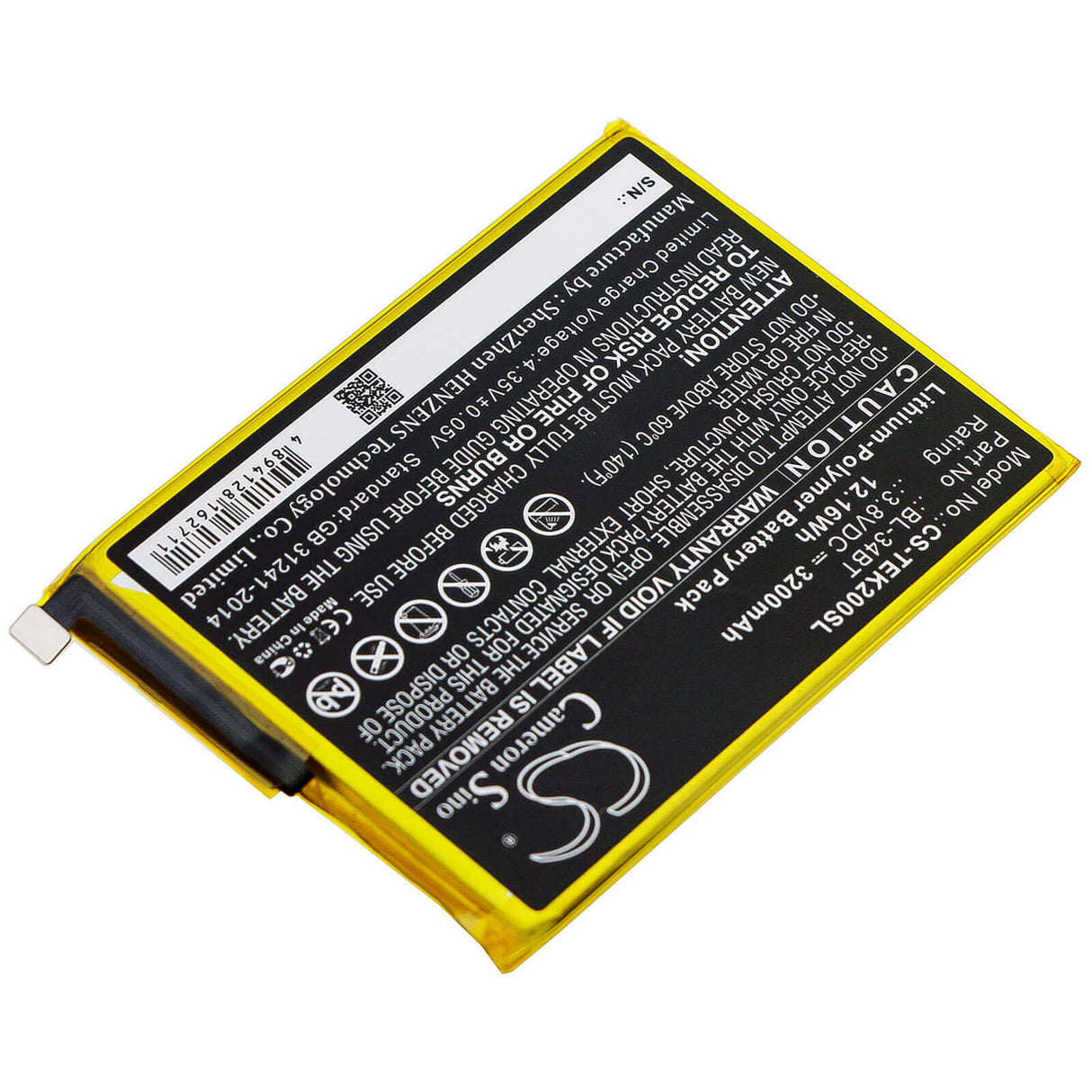 3.8V, Li-Polymer, 3200mAh, SmartPhone battery fits Tecno, Bl-34bt, Ka7, Ka7o, 12.16Wh Mobile, SmartPhone Cameron Sino Technology Limited (Smartphone)