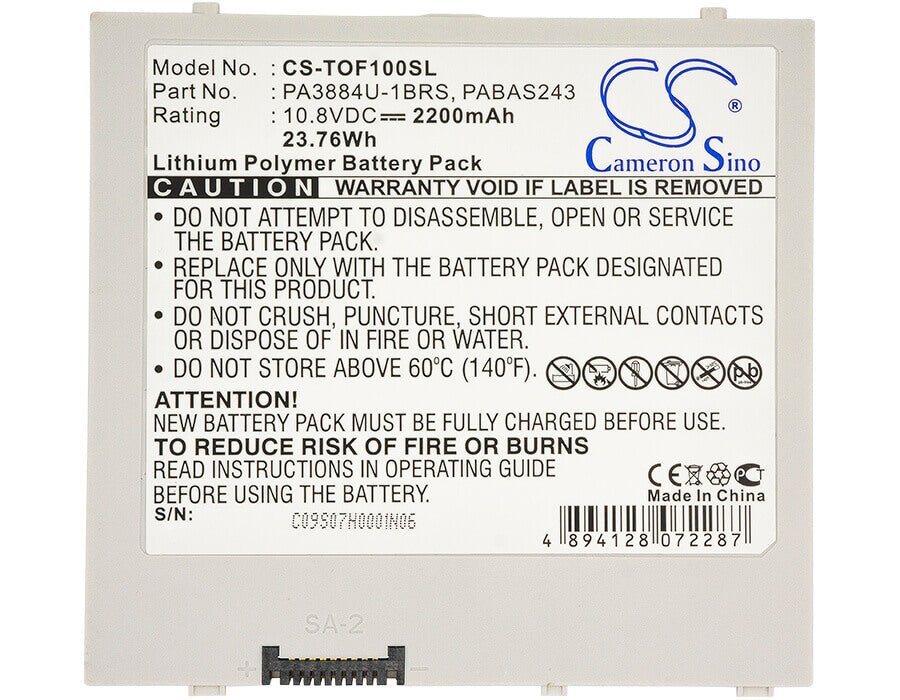 10.8V, Li-Polymer, 2200mAh, Tablet battery fits Toshiba, Pa3884u, 10 Thrive, At100, 23.76Wh Tablet Cameron Sino Technology Limited