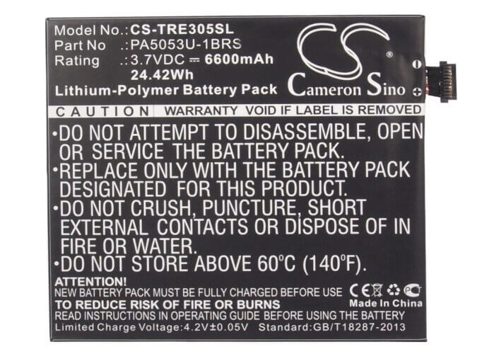 3.7V, Li-Polymer, 6600mAh, Tablet battery fits Toshiba, Pa5053u-1brs, At205, At205-t16, 24.42Wh Tablet Cameron Sino Technology Limited