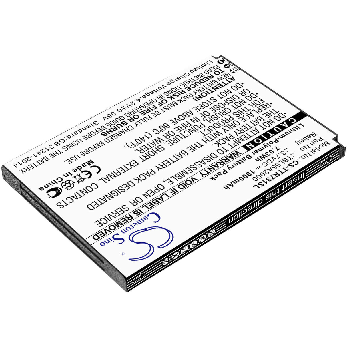 3.7V, Li-Polymer, 1900mAh, Hotspot battery fits Tp-link, Tbl55a2000, M7310, M7350 Ver 3.20, 7.03Wh Hotspot Cameron Sino Technology Limited