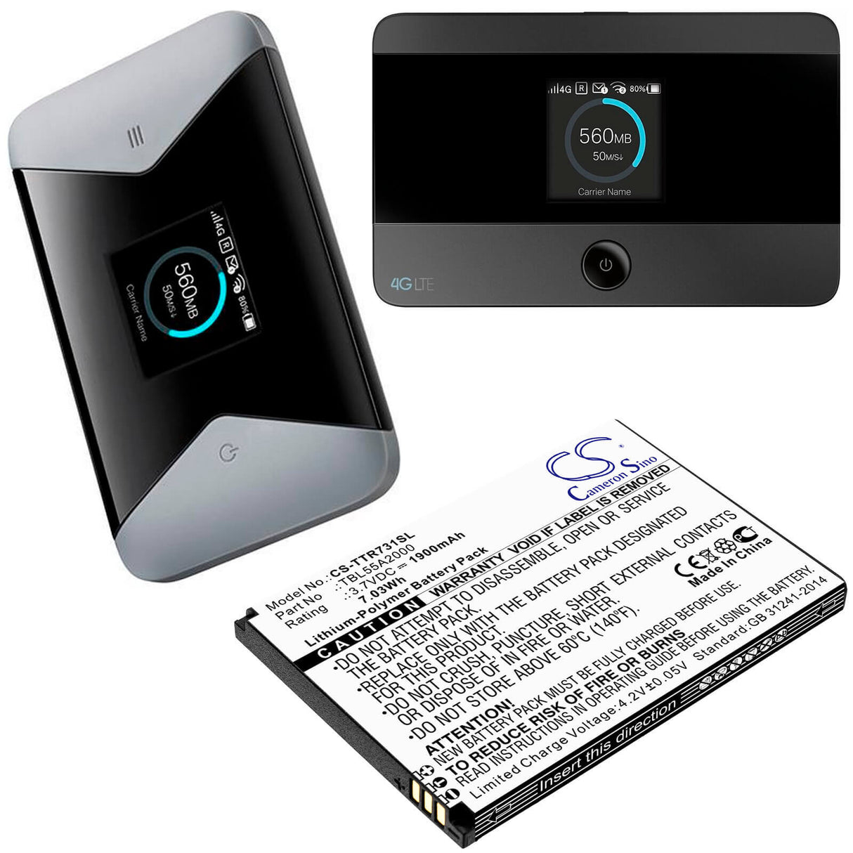 3.7V, Li-Polymer, 1900mAh, Hotspot battery fits Tp-link, Tbl55a2000, M7310, M7350 Ver 3.20, 7.03Wh Hotspot Cameron Sino Technology Limited