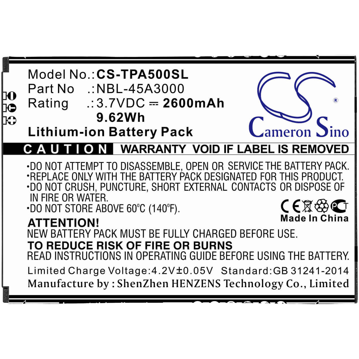 3.7V, Li-ion, 2600mAh, SmartPhone battery fits Tp-link, Nbl-45a3000, Neffos A5, Tp7032a, 9.62Wh Mobile, SmartPhone Cameron Sino Technology Limited (Smartphone)