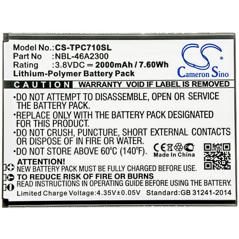 3.8V, Li-Polymer, 2000mAh, SmartPhone battery fits Tp-link, Neffos, Nbl-46a2300, C7a, Tp705a, 7.6Wh Mobile, SmartPhone Cameron Sino Technology Limited (Smartphone)