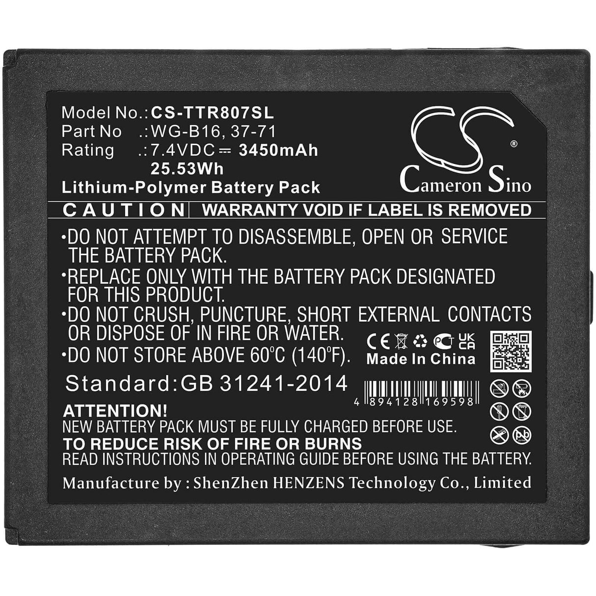 7.4V, Li-Polymer, 3450mAh, Equipment battery fits Triplett, 37-105, CamView IP Pro, Camview Ip Pro 5” Camera Teste, 25.53Wh Equipment, Survey, Test Cameron Sino Technology Limited