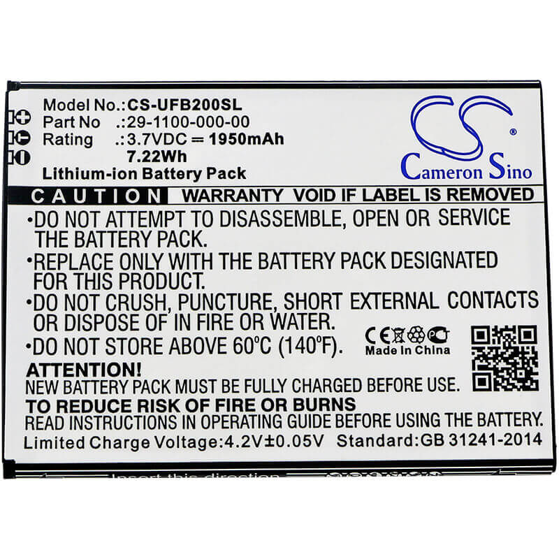 3.7V, Li-ion, 1950mAh, SmartPhone battery fits Ulefone, 29-1100-000-00, Be Touch, Be Touch 2, 7.22Wh Mobile, SmartPhone Cameron Sino Technology Limited (Smartphone)
