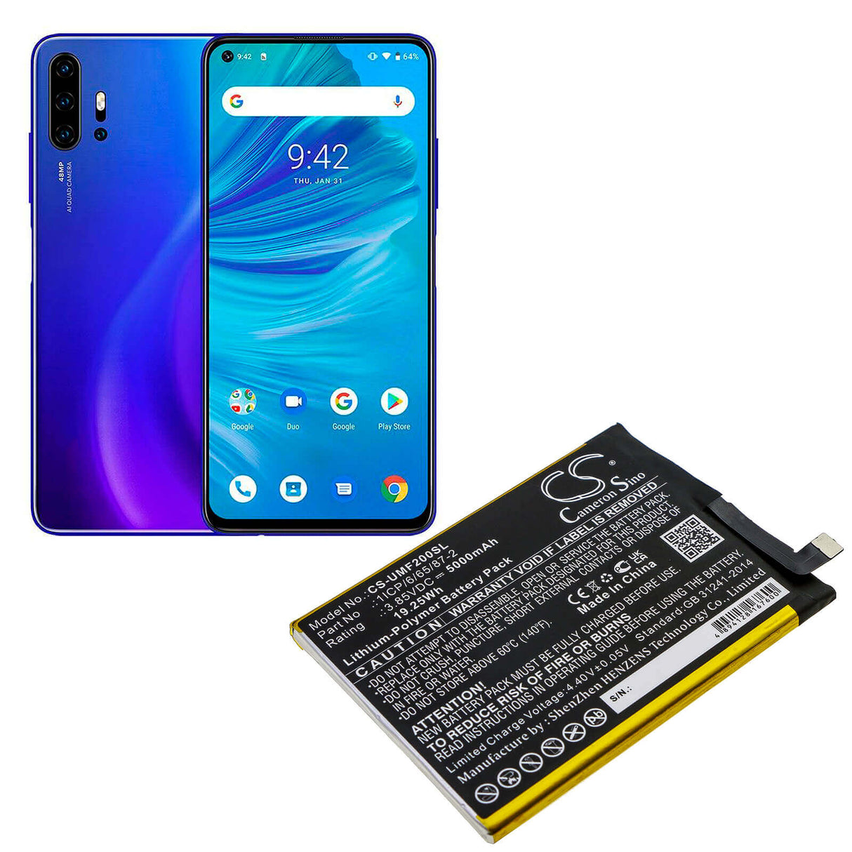 3.85V, Li-Polymer, 5000mAh, SmartPhone battery fits Umi, 1icp/6/65/87-2, Umidigi F2, 19.25Wh Mobile, SmartPhone Cameron Sino Technology Limited (Smartphone)