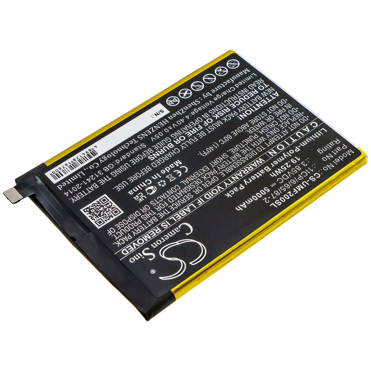 3.85V, Li-Polymer, 5000mAh, SmartPhone battery fits Umi, 1icp/6/65/87-2, Umidigi F2, 19.25Wh Mobile, SmartPhone Cameron Sino Technology Limited (Smartphone)