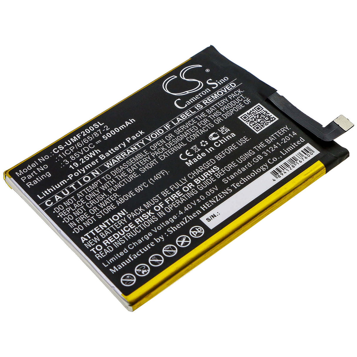 3.85V, Li-Polymer, 5000mAh, SmartPhone battery fits Umi, 1icp/6/65/87-2, Umidigi F2, 19.25Wh Mobile, SmartPhone Cameron Sino Technology Limited (Smartphone)