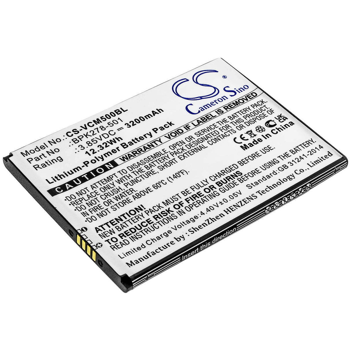 3.85V, Li-Polymer, 3200mAh, Payment Terminal battery fits Verifone, Bpk278-501, Cm5, 12.32Wh Payment Terminal Cameron Sino Technology Limited