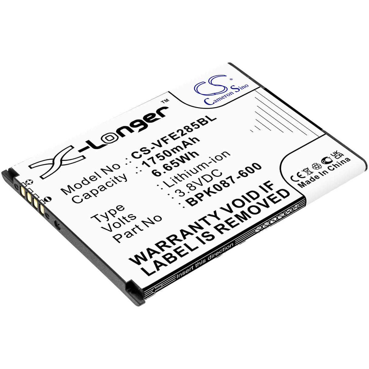 3.8V, Li-ion, 1750mAh, Payment Terminal battery fits Verifone, Bpk087-600, E285, Ipay E285, 6.65Wh Payment Terminal Cameron Sino Technology Limited