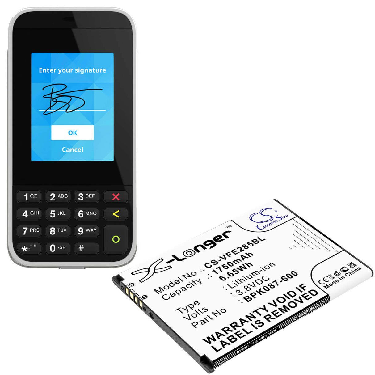 3.8V, Li-ion, 1750mAh, Payment Terminal battery fits Verifone, Bpk087-600, E285, Ipay E285, 6.65Wh Payment Terminal Cameron Sino Technology Limited