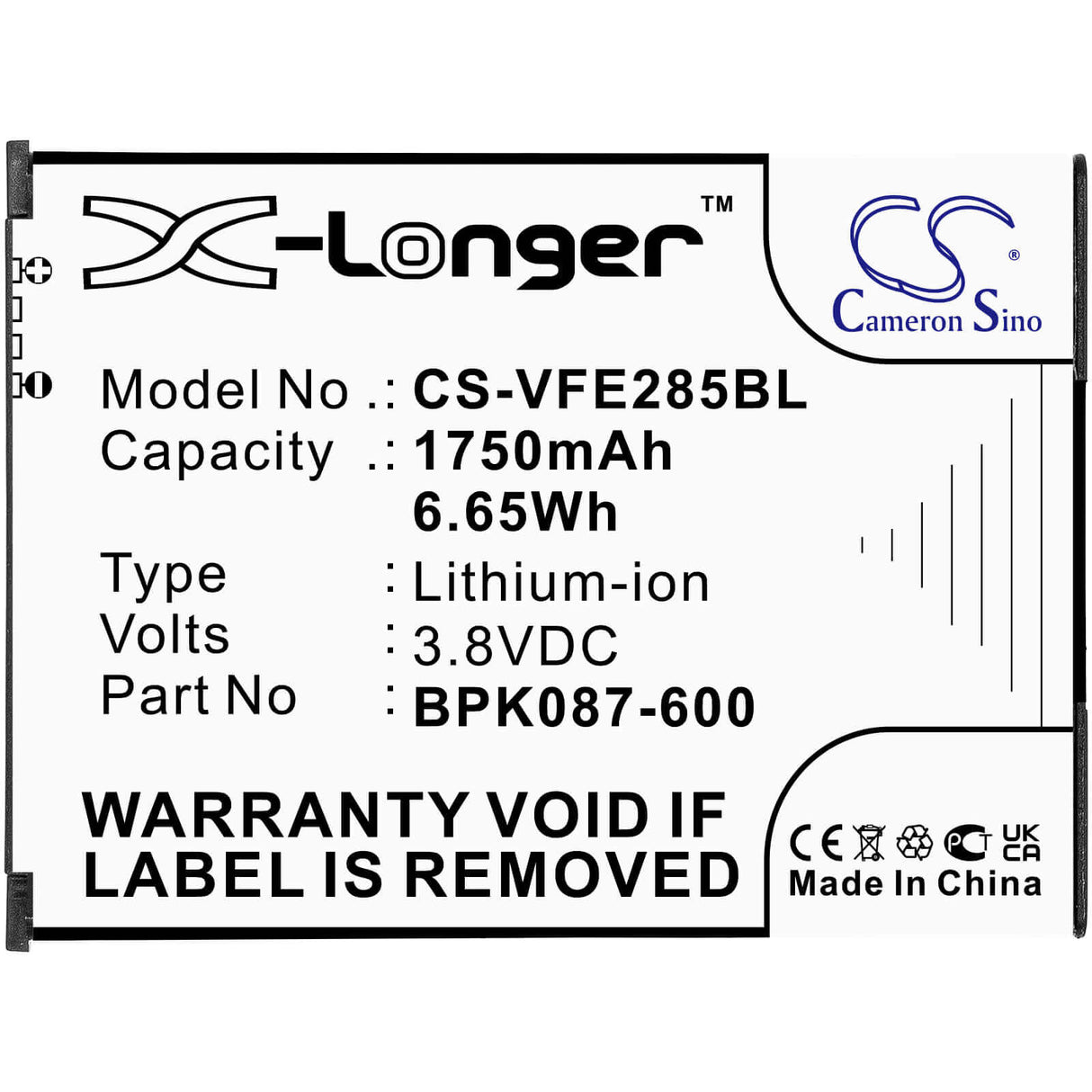 3.8V, Li-ion, 1750mAh, Payment Terminal battery fits Verifone, Bpk087-600, E285, Ipay E285, 6.65Wh Payment Terminal Cameron Sino Technology Limited