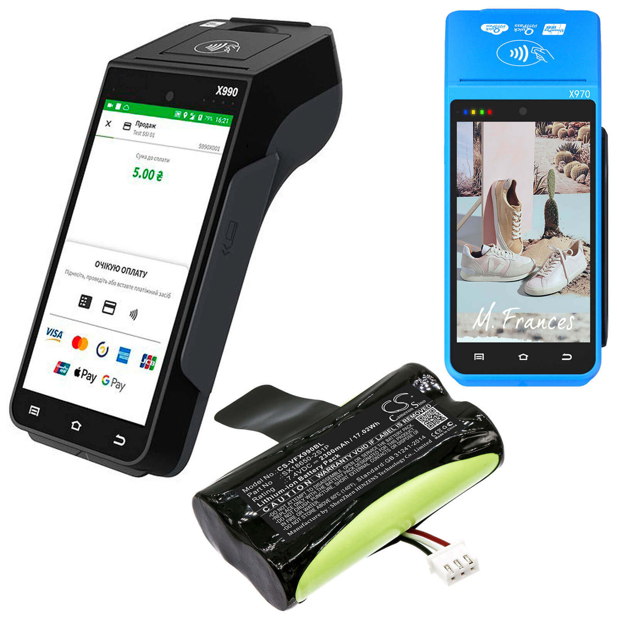 7.4V, Li-ion, 2300mAh, Payment Terminal battery fits Verifone, Sx18650-2s1p, X970, X990, 17.02Wh Payment Terminal Cameron Sino Technology Limited