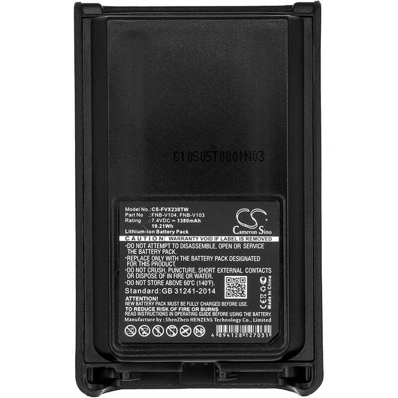 7,4V, Li-ion, 1380mAh, batterie pour radio bidirectionnelle compatible avec Yaesu, Vertex, Fnb-v103, Vx230, Vx-230, 10,21Wh radio bidirectionnelle Cameron Sino Technology Limited