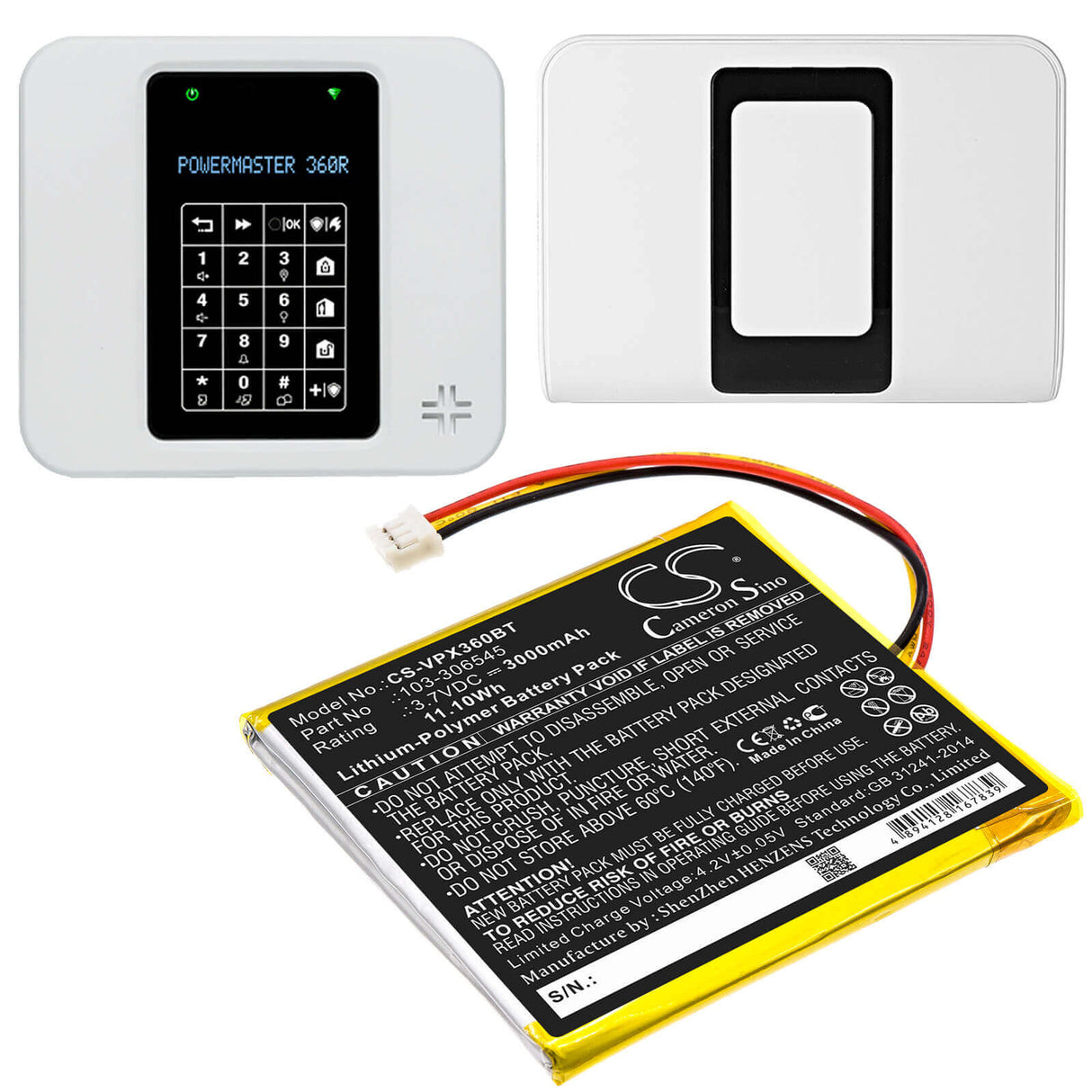 Li-Polymer, Alarm Battery For Visonic, Powermaster 360, Powermaster 360r 3.7v, 3000mah - 11.10wh Alarm System Cameron Sino Technology Limited
