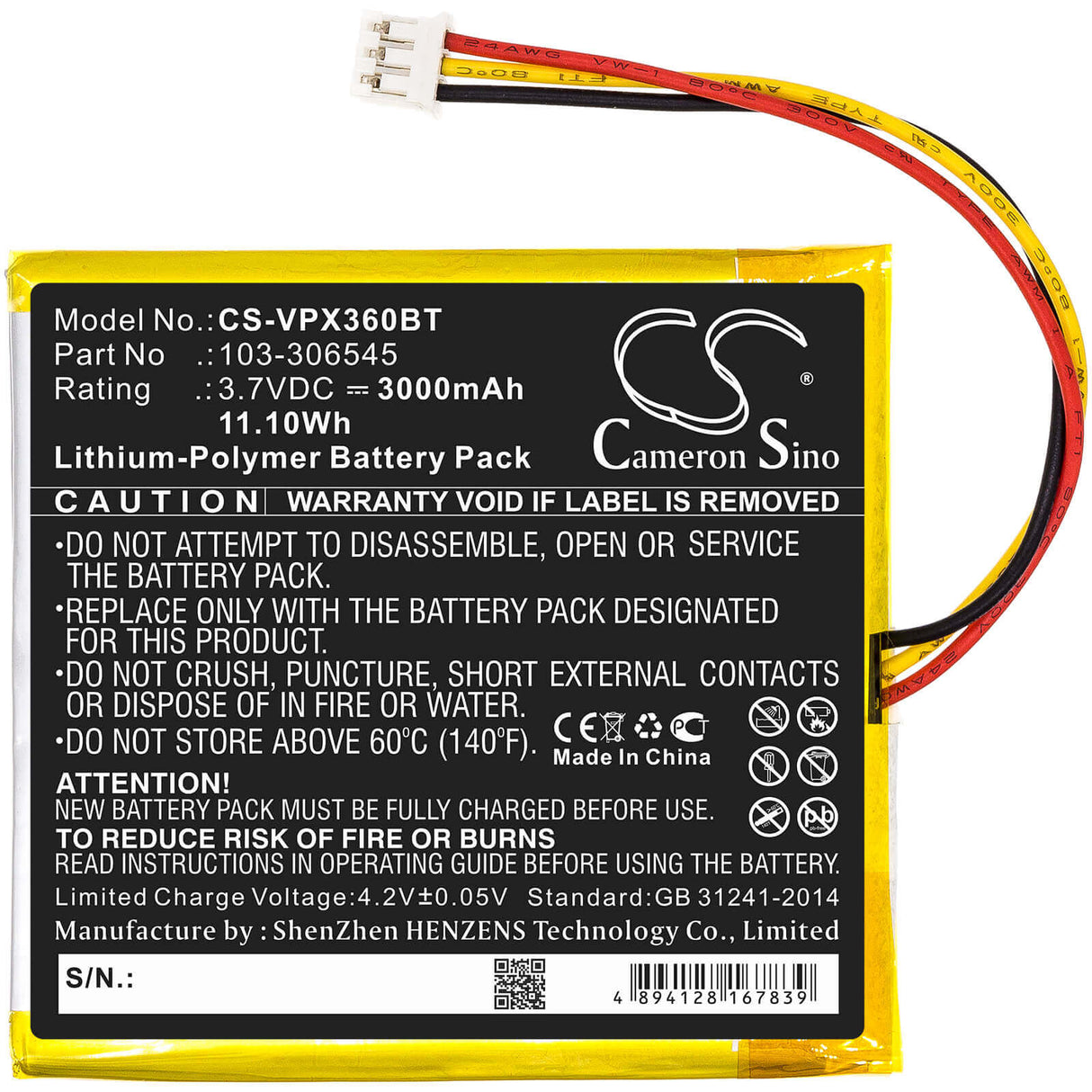 Li-Polymer, Alarm Battery For Visonic, Powermaster 360, Powermaster 360r 3.7v, 3000mah - 11.10wh Alarm System Cameron Sino Technology Limited