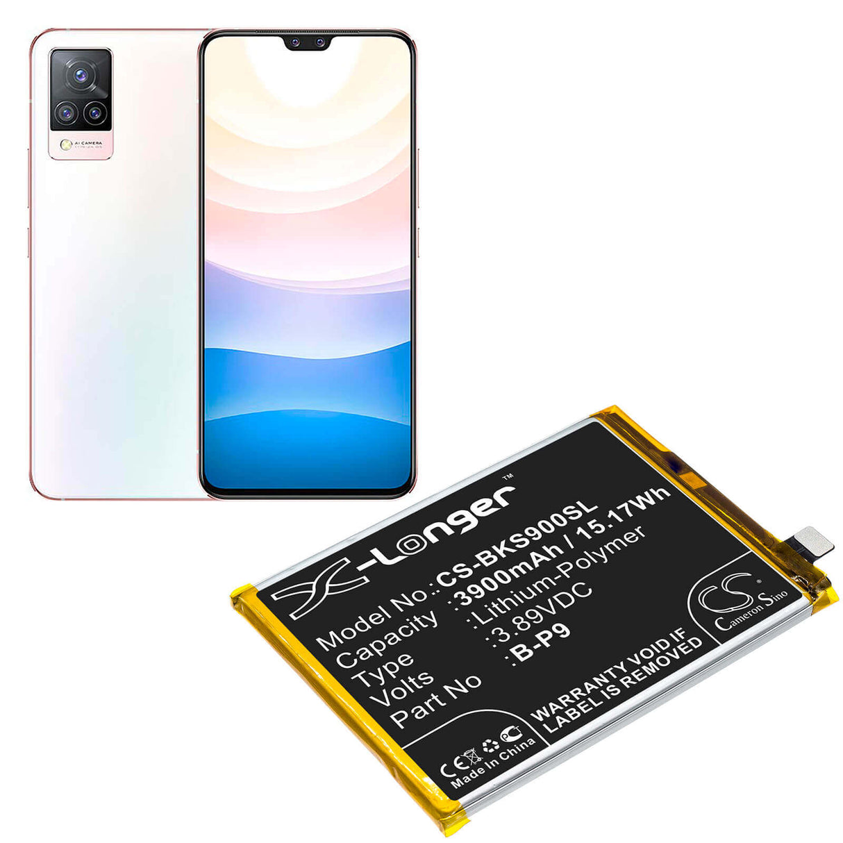 3.89V, Li-Polymer, 3900mAh, SmartPhone battery fits Vivo, B-p9, S9, V2072a, 15.17Wh Mobile, SmartPhone Cameron Sino Technology Limited (Smartphone)
