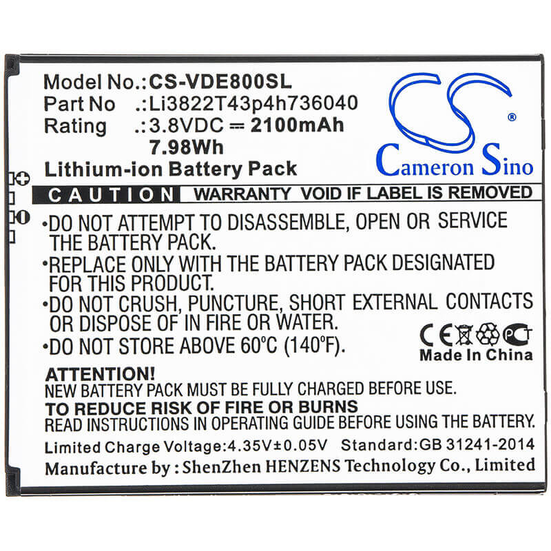 3.8V, Li-ion, 2100mAh, SmartPhone battery fits Vodafone, Zte, Li3822t43p4h736040, Smart E8, Smart N8, 7.98Wh Mobile, SmartPhone Cameron Sino Technology Limited (Smartphone)
