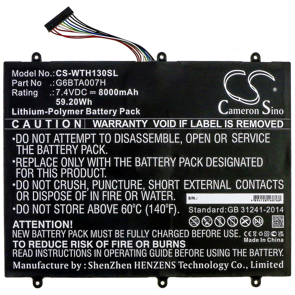 7.4V, Li-Polymer, 8000mAh, Tablet battery fits Wacom, G6bta007h, Cintiq Companion 2, Dth-w1300, 59.20Wh Tablet Cameron Sino Technology Limited