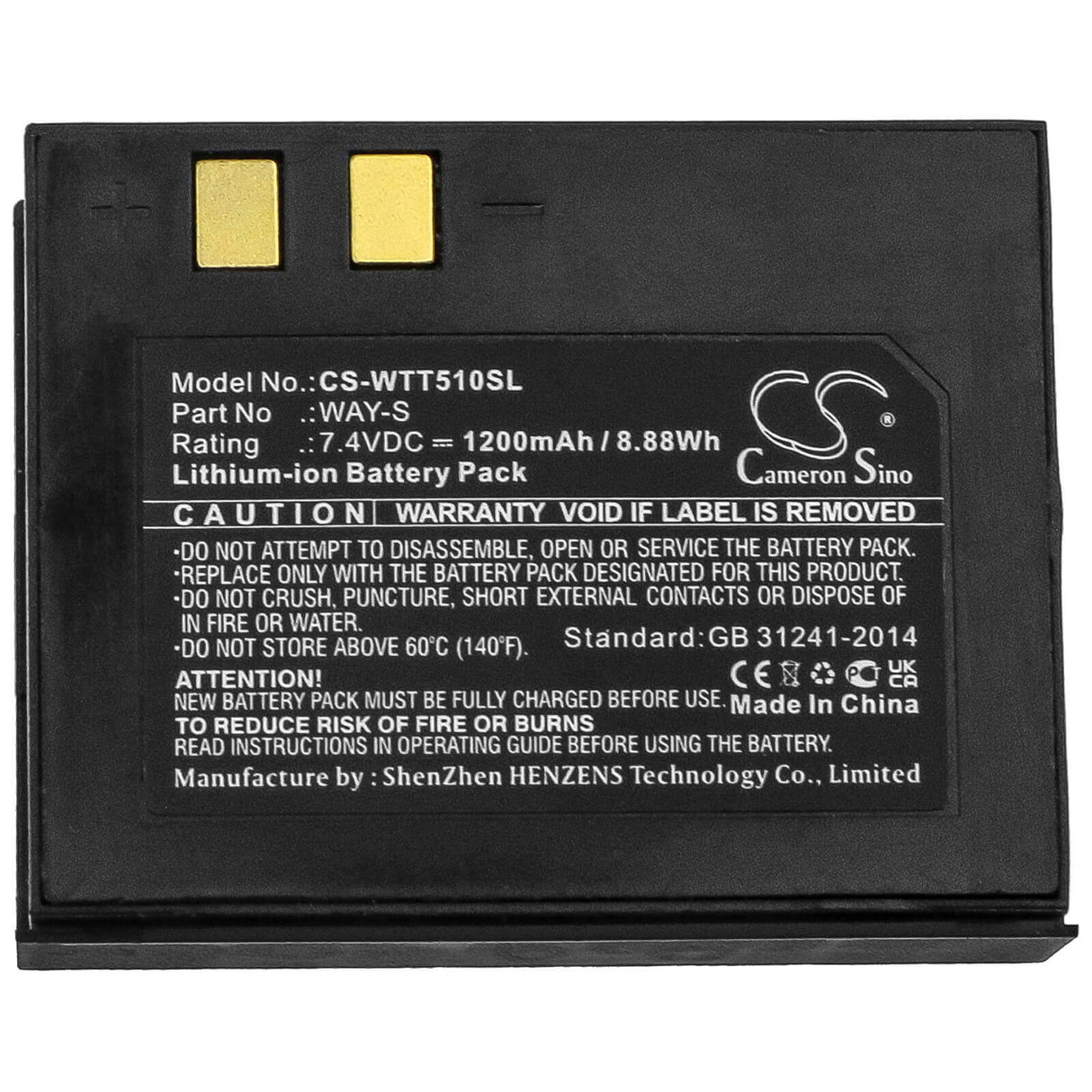 7,4V, Li-ion, 1200mAh, Batterie d'imprimante portable compatible avec Way Systems, Way-s, Imprimante Mtt 1510, Way-s, 8,88Wh Imprimante portable Cameron Sino Technology Limited