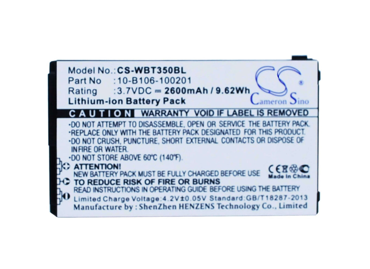 3,7V, Li-ion, 2600mAh, Batterie de terminal de paiement compatible avec Widefly, 10-b106-100201, Bt350, Bt-350, 9,62Wh Terminal de paiement Cameron Sino Technology Limited (Suspendu)