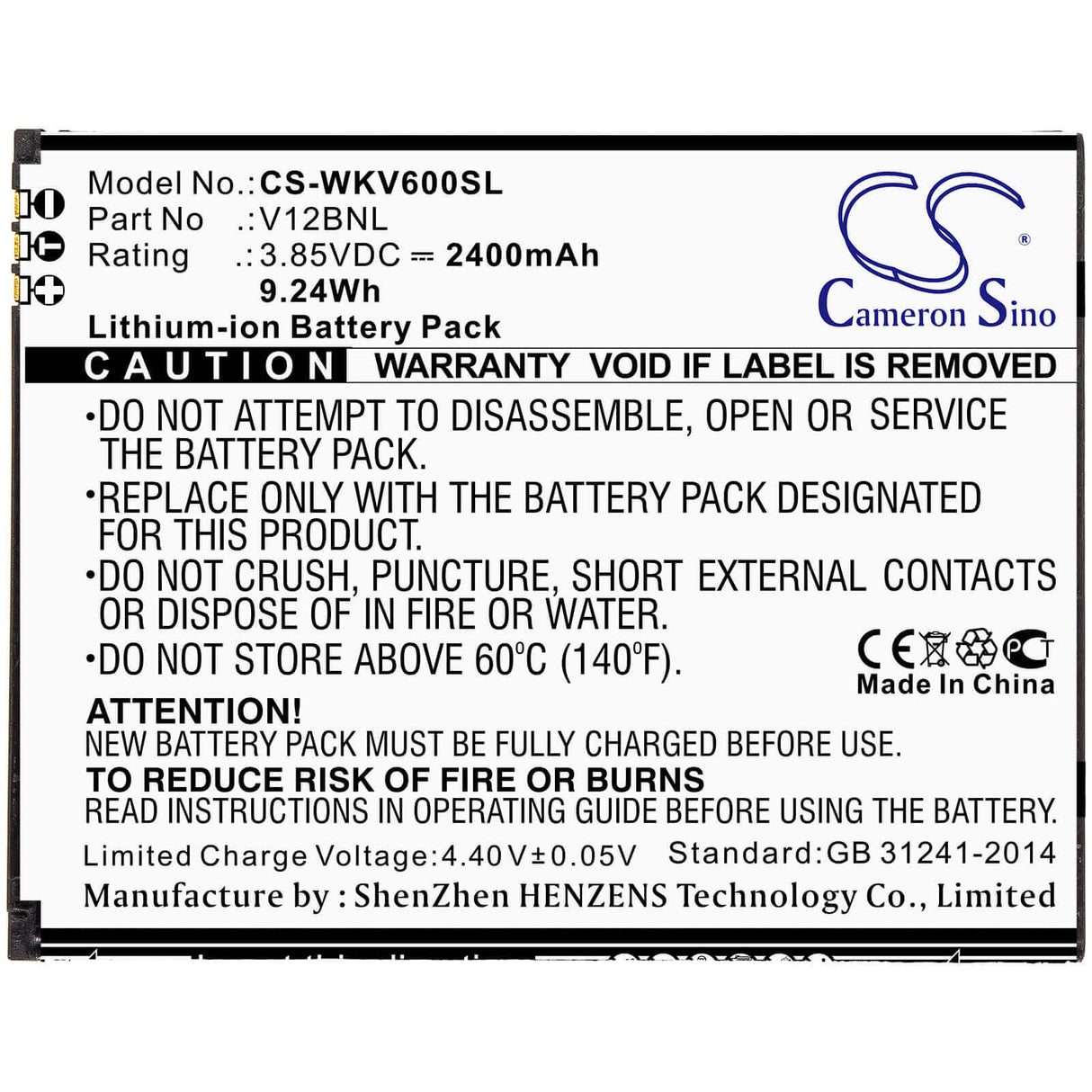 3.85V, Li-ion, 2400mAh, SmartPhone battery fits Wiko, V12bnl, Harry 2, Tommy 3 Plus, 9.24Wh Mobile, SmartPhone Cameron Sino Technology Limited (Smartphone)