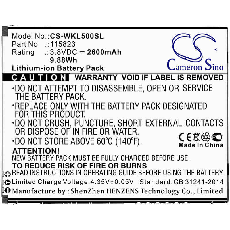 3.8V, Li-ion, 2600mAh, SmartPhone battery fits Wiko, 115823, Lenny 5, 9.88Wh Mobile, SmartPhone Cameron Sino Technology Limited (Smartphone)