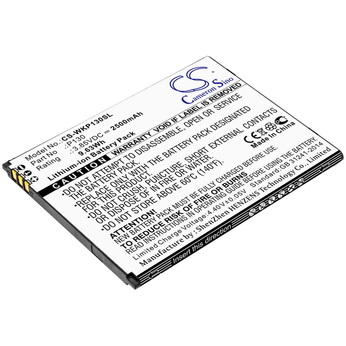3.85V, Li-ion, 2500mAh, SmartPhone battery fits Wiko, P130, P130, View Go, 9.63Wh Mobile, SmartPhone Cameron Sino Technology Limited (Smartphone)