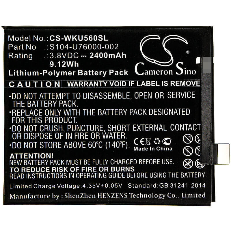 3.8V, Li-Polymer, 2400mAh, SmartPhone battery fits Wiko, S104-u76000-000, P4601, P5601, 9.12Wh Mobile, SmartPhone Cameron Sino Technology Limited (Smartphone)