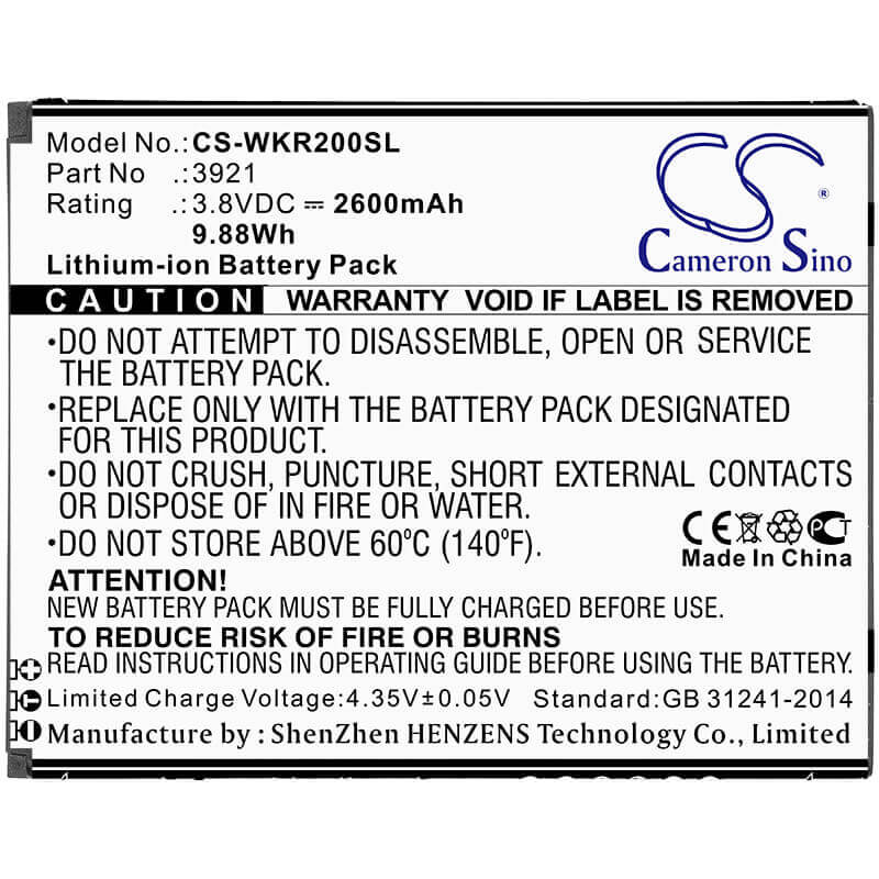 3.8V, Li-ion, 2600mAh, SmartPhone battery fits Wiko, 3921, Robby 2, 9.88Wh Mobile, SmartPhone Cameron Sino Technology Limited (Smartphone)