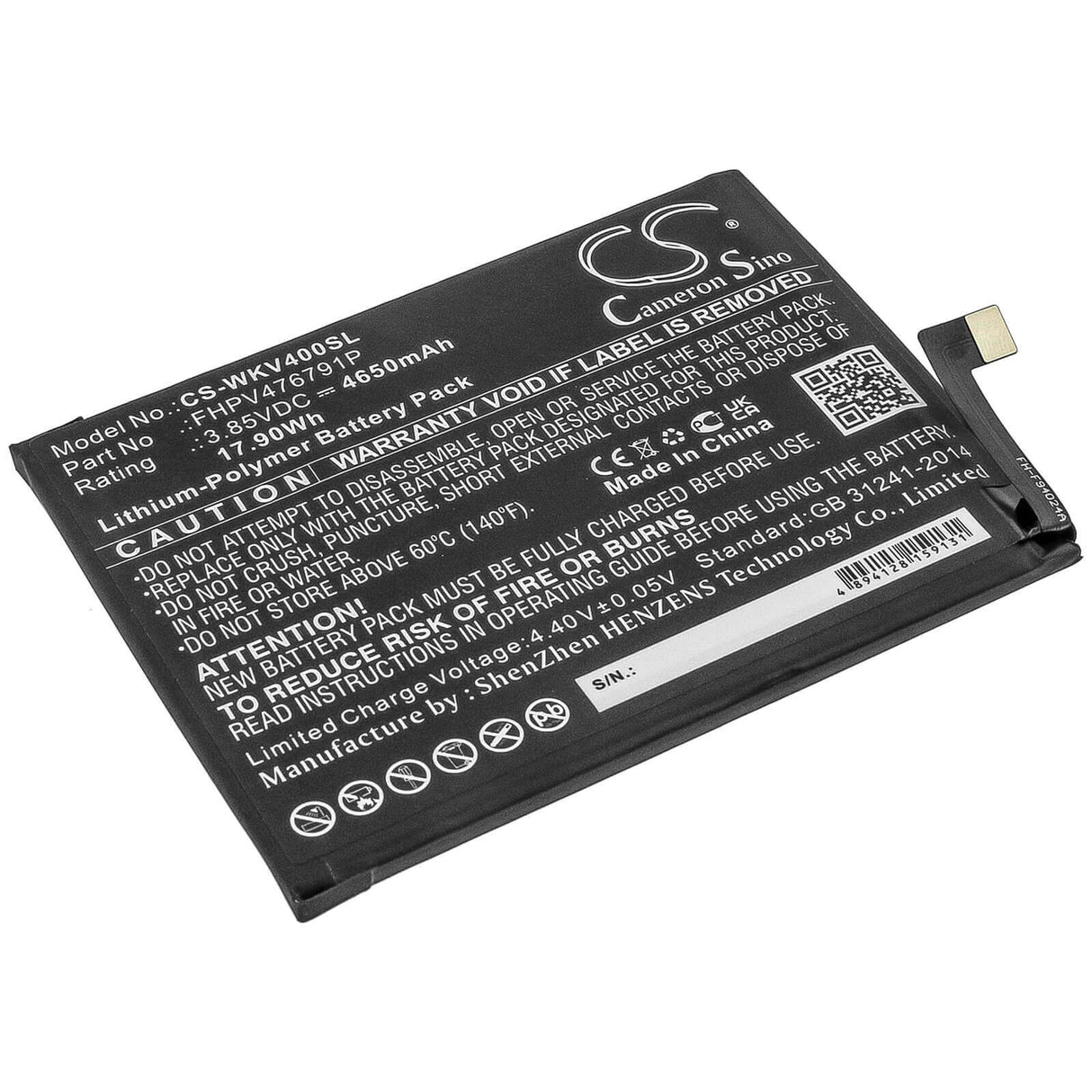 3.85V, Li-Polymer, 4650mAh, SmartPhone battery fits Wiko, Fhpv476791p, Power U10, View 4, 17.9Wh Mobile, SmartPhone Cameron Sino Technology Limited (Smartphone)