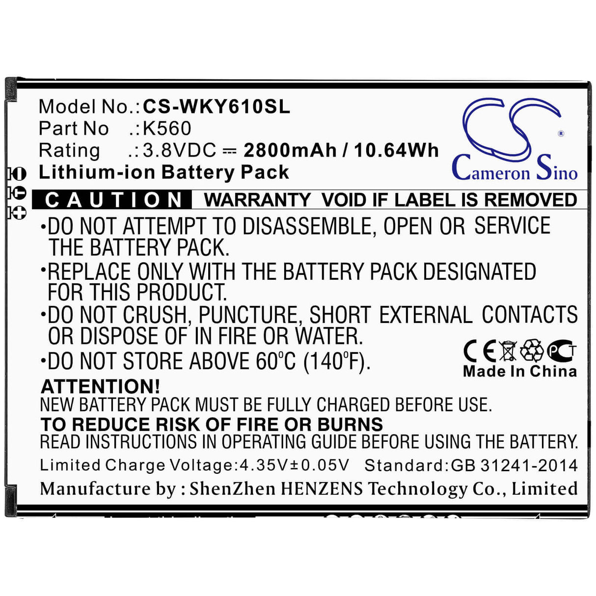 3.8V, Li-ion, 2800mAh, SmartPhone battery fits Wiko, K560, W-k560, Y61, 10.64Wh Mobile, SmartPhone Cameron Sino Technology Limited (Smartphone)