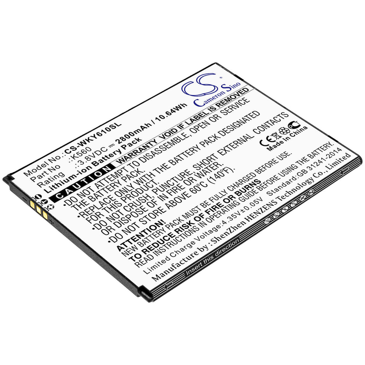 3.8V, Li-ion, 2800mAh, SmartPhone battery fits Wiko, K560, W-k560, Y61, 10.64Wh Mobile, SmartPhone Cameron Sino Technology Limited (Smartphone)