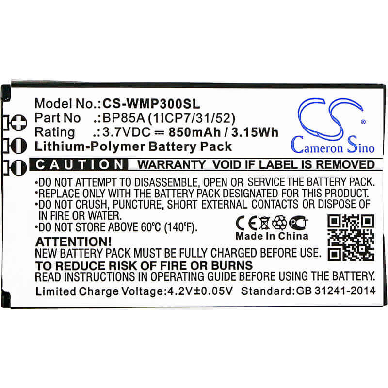 3,7V, Li-Polymer, 850mAh, batterie GPS compatible avec Wm Systems, Bp85a (1icp7/31/52), Wmp 300, Wmp-300, 3,15Wh GPS, Navigator Cameron Sino Technology Limited (Suspendu)