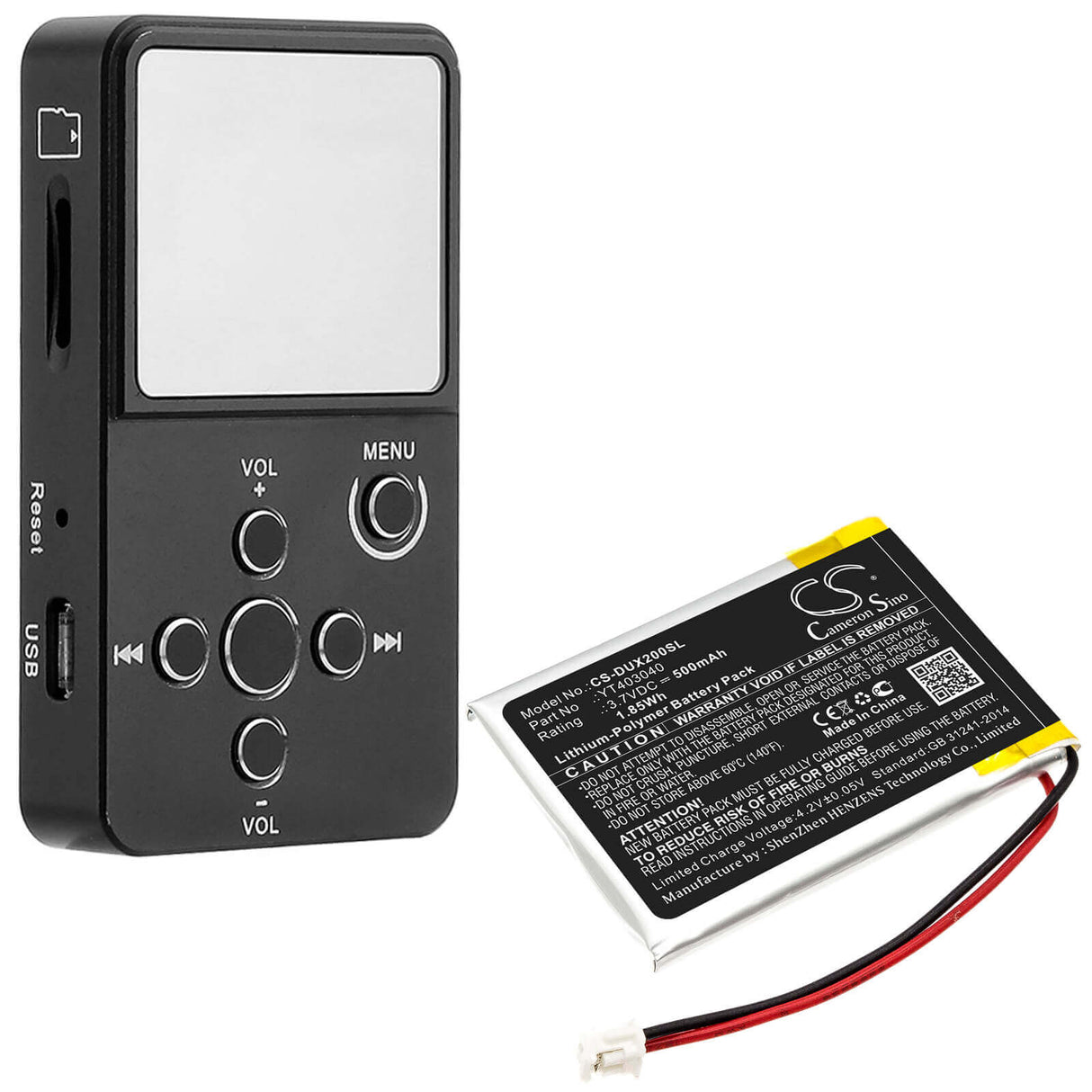 3.7V, Li-Polymer, 500mAh, Media Player battery fits Xduoo, Yt403040, X2, 1.85Wh Media Player Cameron Sino Technology Limited