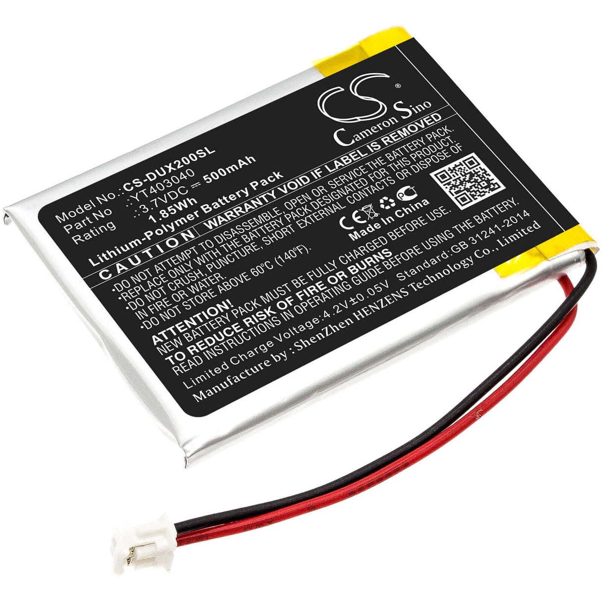 3.7V, Li-Polymer, 500mAh, Media Player battery fits Xduoo, Yt403040, X2, 1.85Wh Media Player Cameron Sino Technology Limited