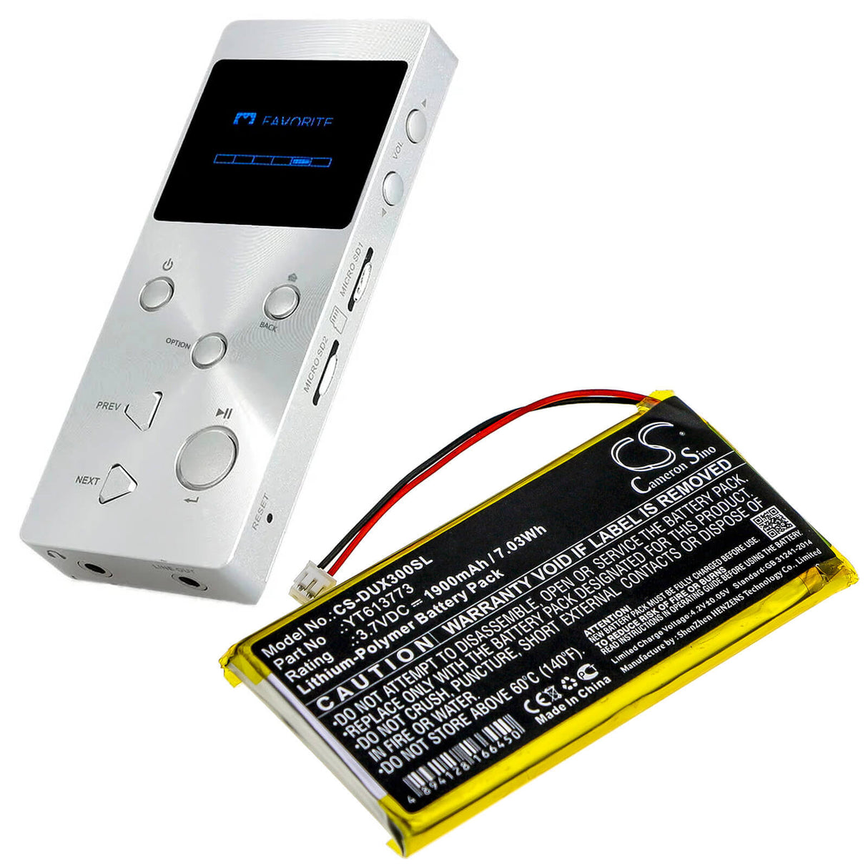 3.7V, Li-Polymer, 1900mAh, Media Player battery fits Xduoo, Yt613773, X3, 7.03Wh Media Player Cameron Sino Technology Limited