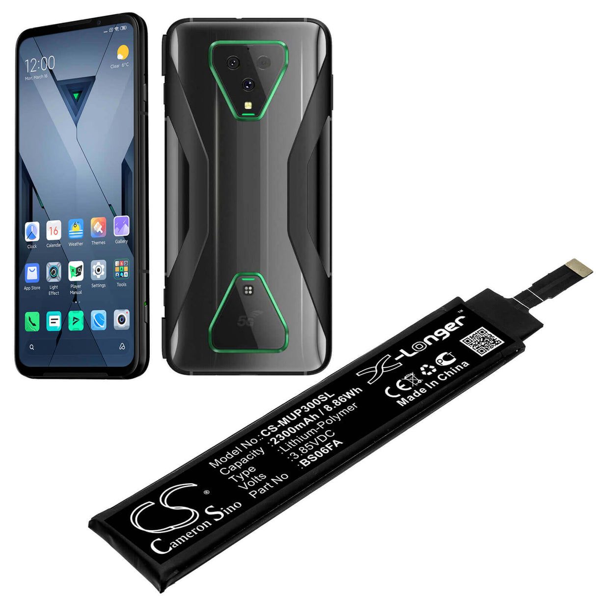 3.85V, Li-Polymer, 2300mAh, SmartPhone battery fits Xiaomi, Bs06fa, Black Shark 3, Black Shark 3 5g, 8.86Wh Mobile, SmartPhone Cameron Sino Technology Limited (Smartphone)