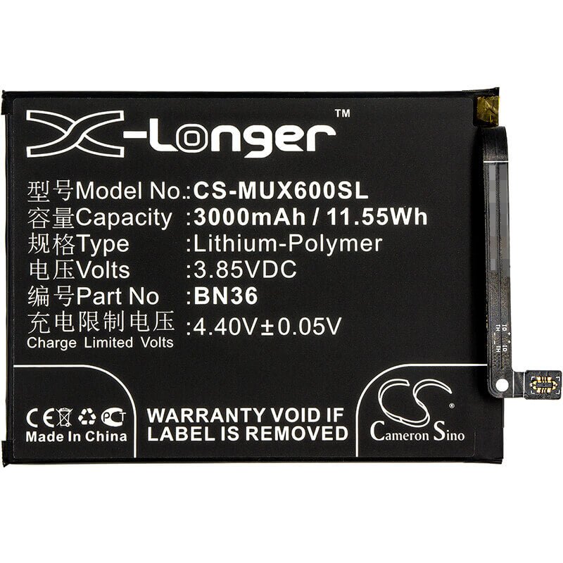 3.85V, Li-Polymer, 3000mAh, SmartPhone battery fits Xiaomi, Bn36, M1804d2sc, M1804d2se, 11.55Wh Mobile, SmartPhone Cameron Sino Technology Limited (Smartphone)