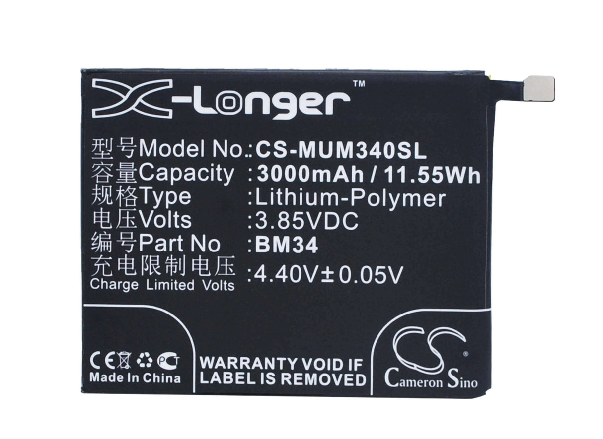 3.85V, Li-Polymer, 3000mAh, SmartPhone battery fits Xiaomi, Bm34, Mi Note Pro, 11.55Wh Mobile, SmartPhone Cameron Sino Technology Limited (Smartphone)